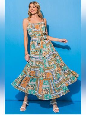 Flying Tomato Mixed Patchwork Ruffle Hem Adjustable Tie Belt Maxi Dress• Medium